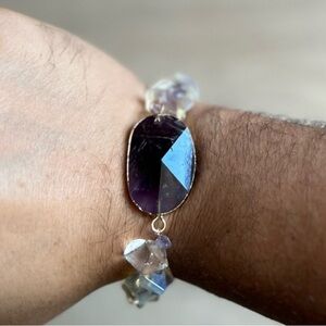 Handmade Rainbow Flourite and Purple Amethyst Bracelet size 6”
